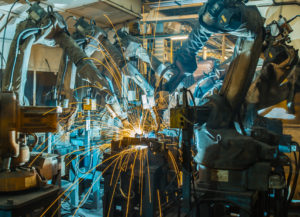 Robot welding Industrial  automotive part in factory